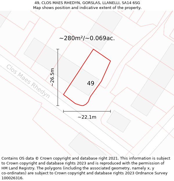 49, CLOS MAES RHEDYN, GORSLAS, LLANELLI, SA14 6SG: Plot and title map