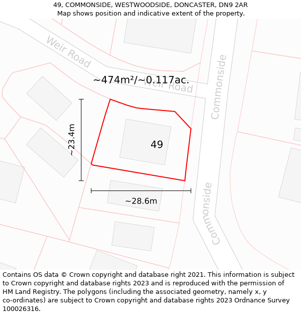 49, COMMONSIDE, WESTWOODSIDE, DONCASTER, DN9 2AR: Plot and title map