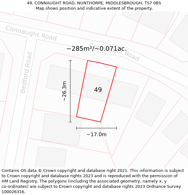49, CONNAUGHT ROAD, NUNTHORPE, MIDDLESBROUGH, TS7 0BS: Plot and title map