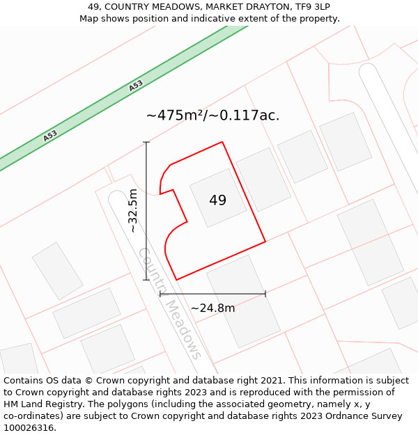 49, COUNTRY MEADOWS, MARKET DRAYTON, TF9 3LP: Plot and title map