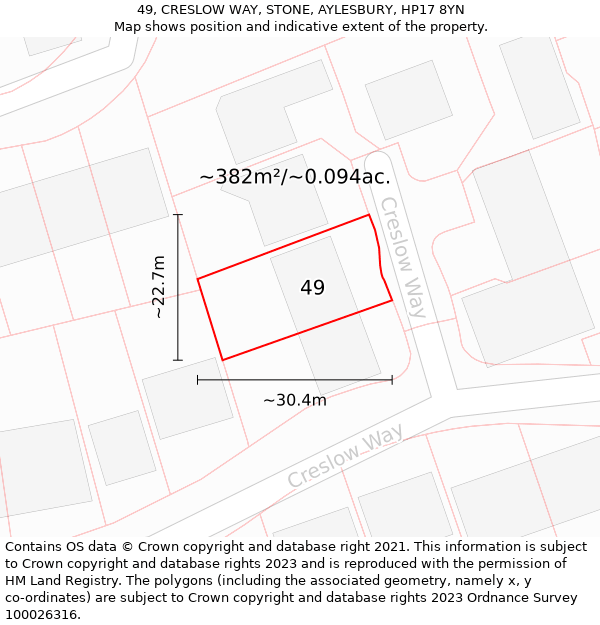 49, CRESLOW WAY, STONE, AYLESBURY, HP17 8YN: Plot and title map