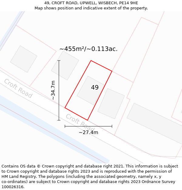 49, CROFT ROAD, UPWELL, WISBECH, PE14 9HE: Plot and title map