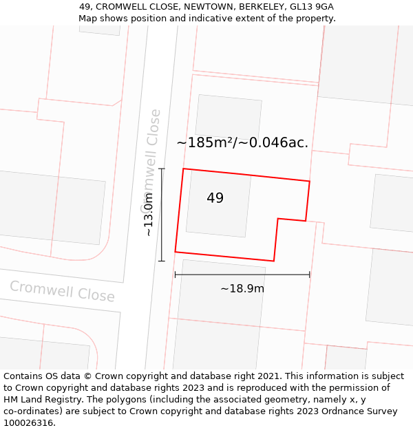 49, CROMWELL CLOSE, NEWTOWN, BERKELEY, GL13 9GA: Plot and title map