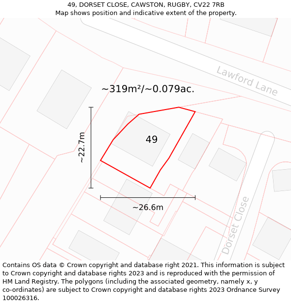 49, DORSET CLOSE, CAWSTON, RUGBY, CV22 7RB: Plot and title map