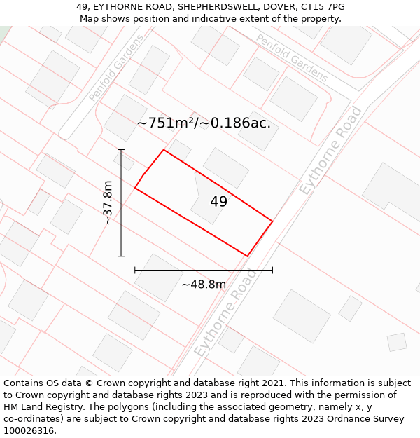 49, EYTHORNE ROAD, SHEPHERDSWELL, DOVER, CT15 7PG: Plot and title map