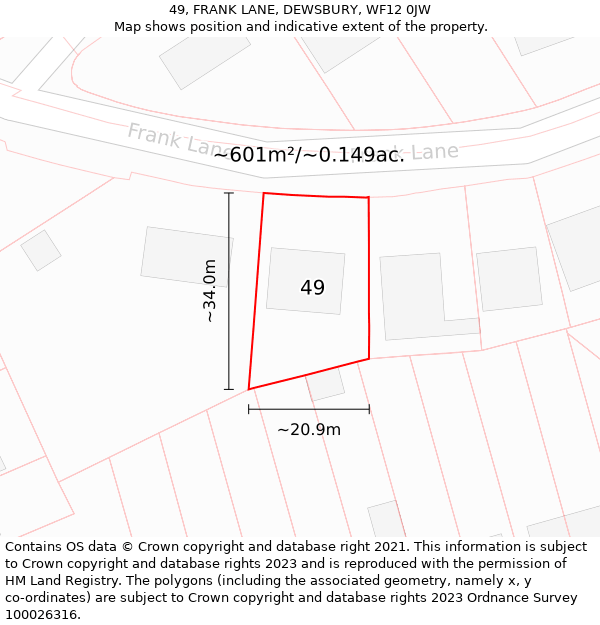 49, FRANK LANE, DEWSBURY, WF12 0JW: Plot and title map