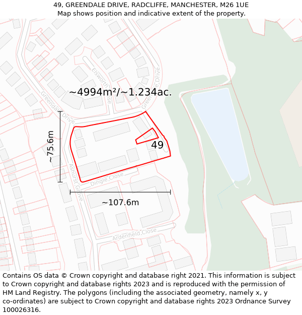 49, GREENDALE DRIVE, RADCLIFFE, MANCHESTER, M26 1UE: Plot and title map