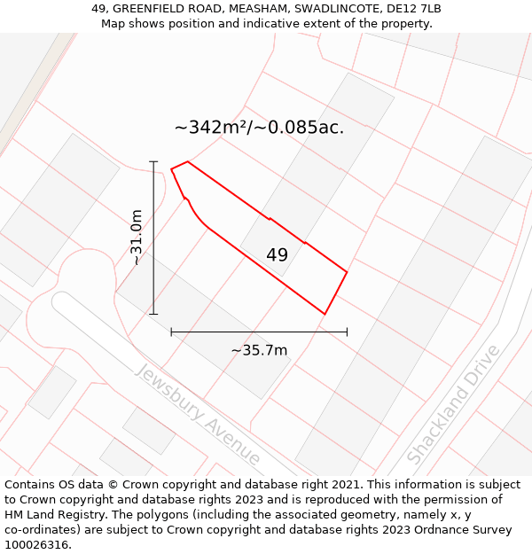 49, GREENFIELD ROAD, MEASHAM, SWADLINCOTE, DE12 7LB: Plot and title map