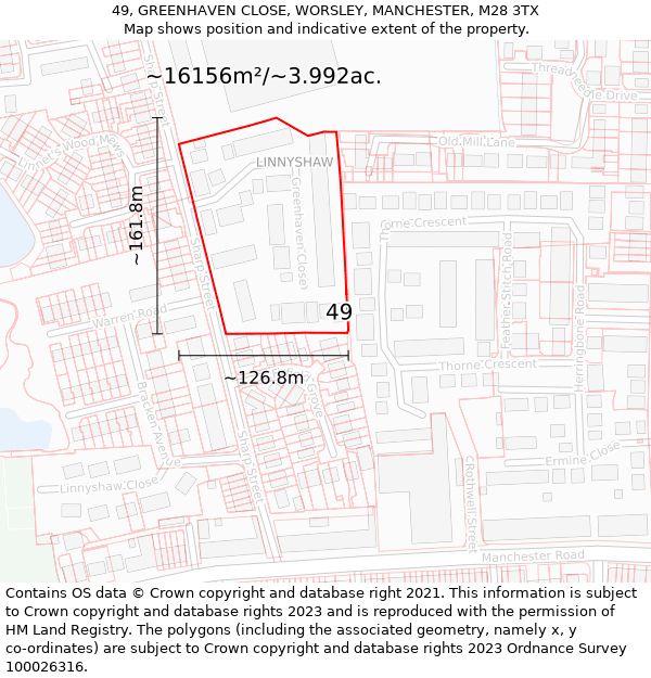 49, GREENHAVEN CLOSE, WORSLEY, MANCHESTER, M28 3TX: Plot and title map