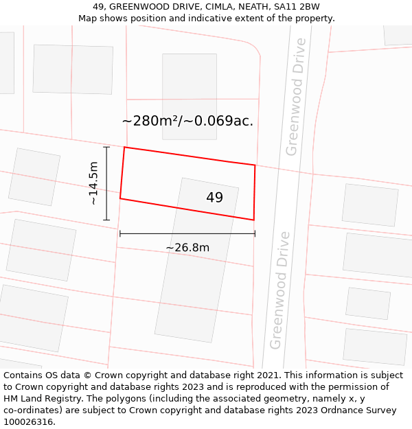 49, GREENWOOD DRIVE, CIMLA, NEATH, SA11 2BW: Plot and title map