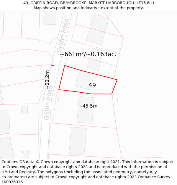 49, GRIFFIN ROAD, BRAYBROOKE, MARKET HARBOROUGH, LE16 8LH: Plot and title map