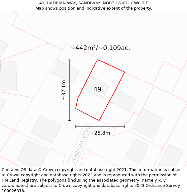 49, HADRIAN WAY, SANDIWAY, NORTHWICH, CW8 2JT: Plot and title map