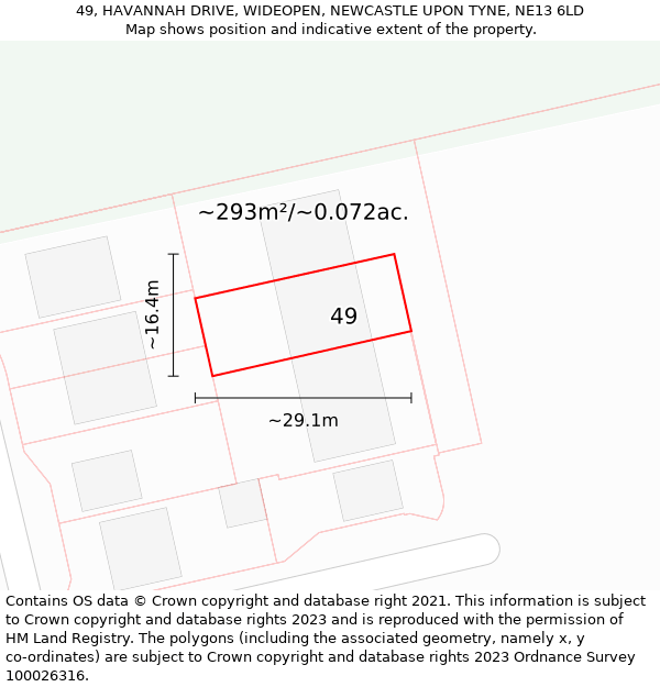 49, HAVANNAH DRIVE, WIDEOPEN, NEWCASTLE UPON TYNE, NE13 6LD: Plot and title map