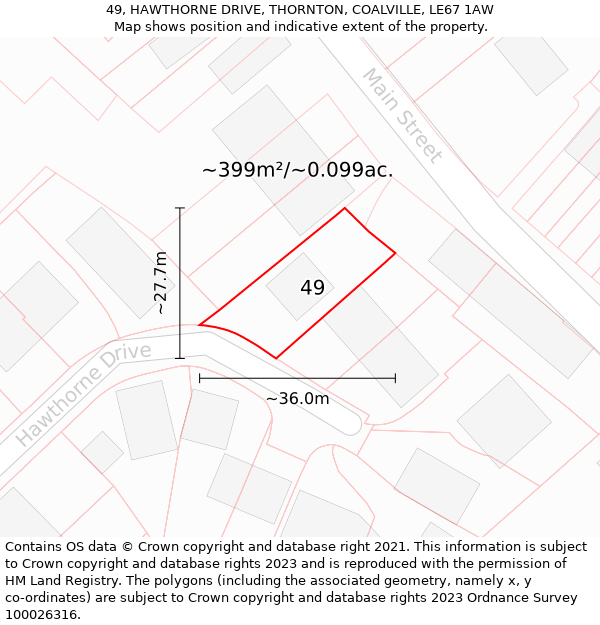 49, HAWTHORNE DRIVE, THORNTON, COALVILLE, LE67 1AW: Plot and title map