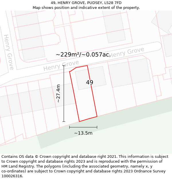 49, HENRY GROVE, PUDSEY, LS28 7FD: Plot and title map