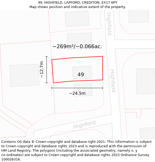 49, HIGHFIELD, LAPFORD, CREDITON, EX17 6PY: Plot and title map