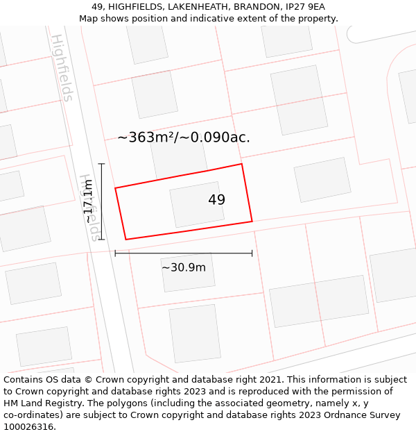 49, HIGHFIELDS, LAKENHEATH, BRANDON, IP27 9EA: Plot and title map