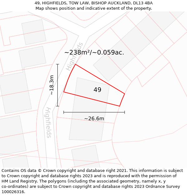 49, HIGHFIELDS, TOW LAW, BISHOP AUCKLAND, DL13 4BA: Plot and title map