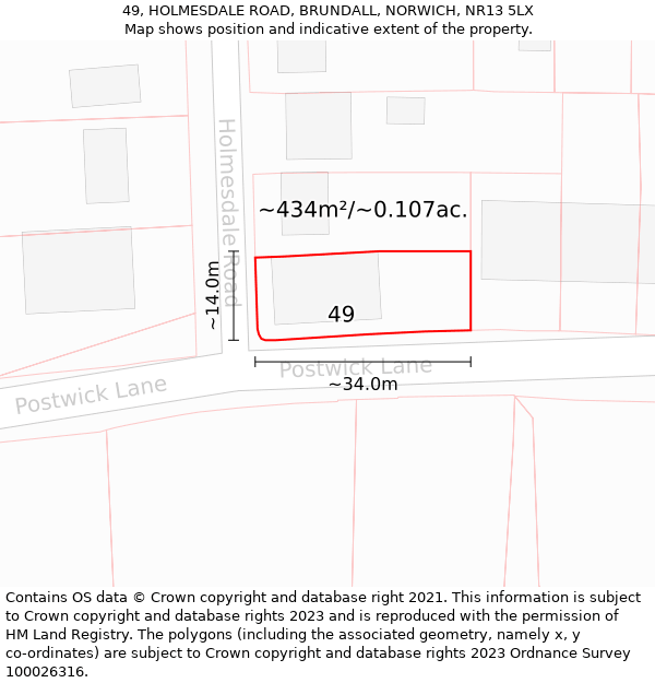 49, HOLMESDALE ROAD, BRUNDALL, NORWICH, NR13 5LX: Plot and title map