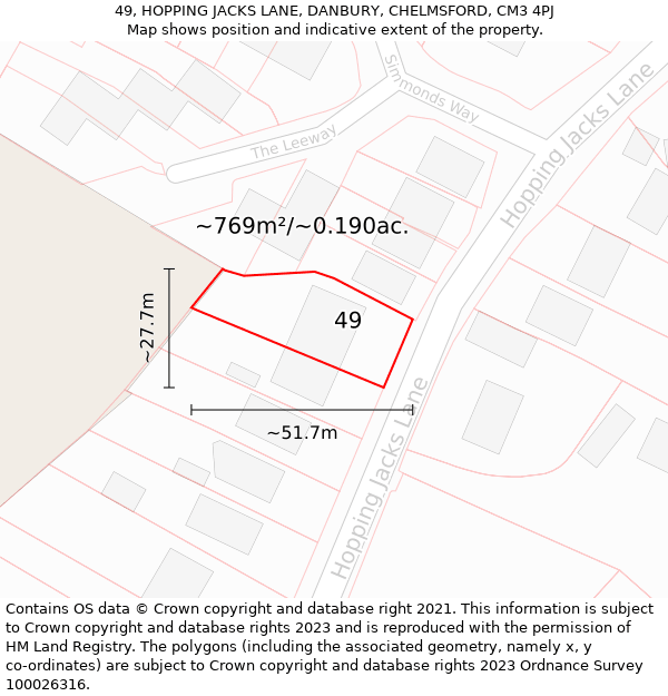 49, HOPPING JACKS LANE, DANBURY, CHELMSFORD, CM3 4PJ: Plot and title map