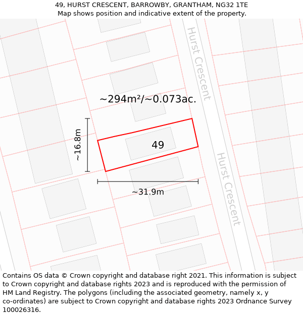 49, HURST CRESCENT, BARROWBY, GRANTHAM, NG32 1TE: Plot and title map