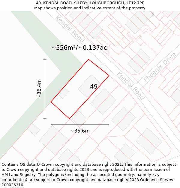 49, KENDAL ROAD, SILEBY, LOUGHBOROUGH, LE12 7PF: Plot and title map