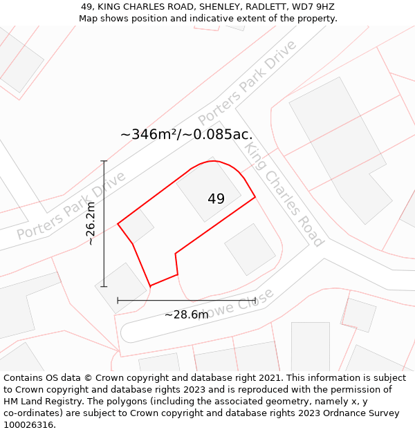 49, KING CHARLES ROAD, SHENLEY, RADLETT, WD7 9HZ: Plot and title map