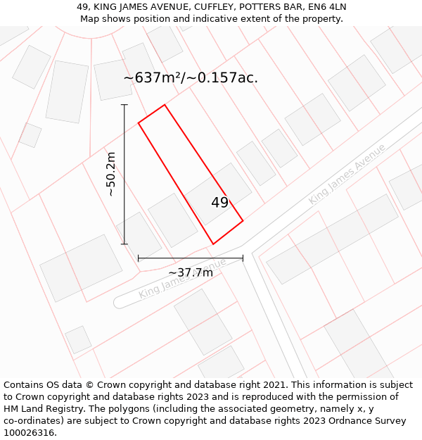 49, KING JAMES AVENUE, CUFFLEY, POTTERS BAR, EN6 4LN: Plot and title map