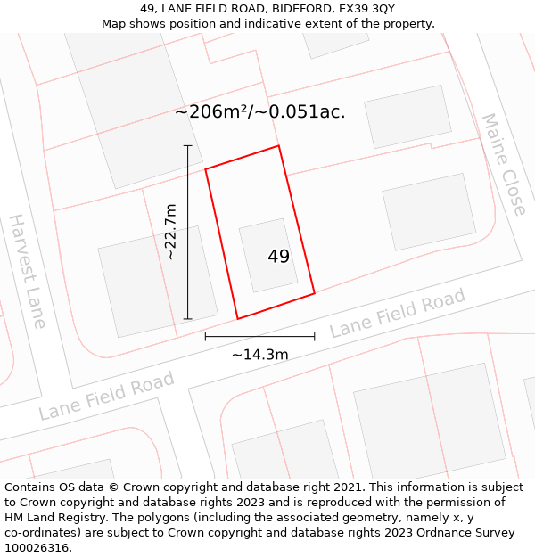 49, LANE FIELD ROAD, BIDEFORD, EX39 3QY: Plot and title map