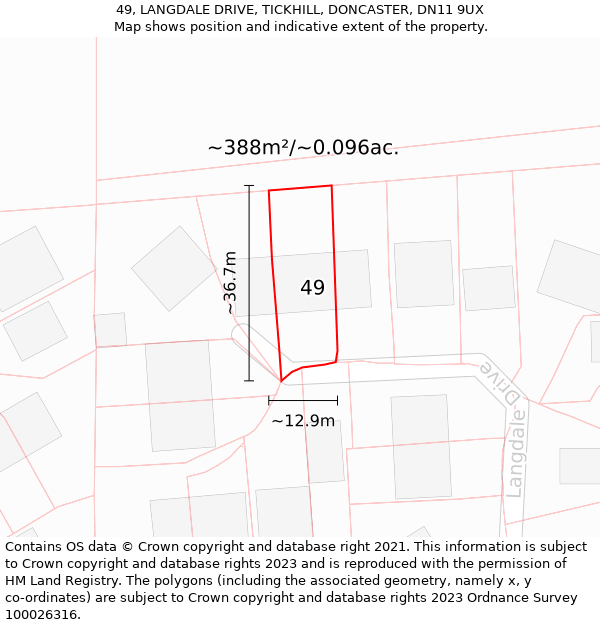 49, LANGDALE DRIVE, TICKHILL, DONCASTER, DN11 9UX: Plot and title map