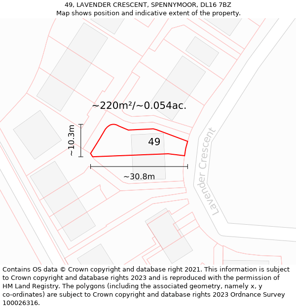 49, LAVENDER CRESCENT, SPENNYMOOR, DL16 7BZ: Plot and title map