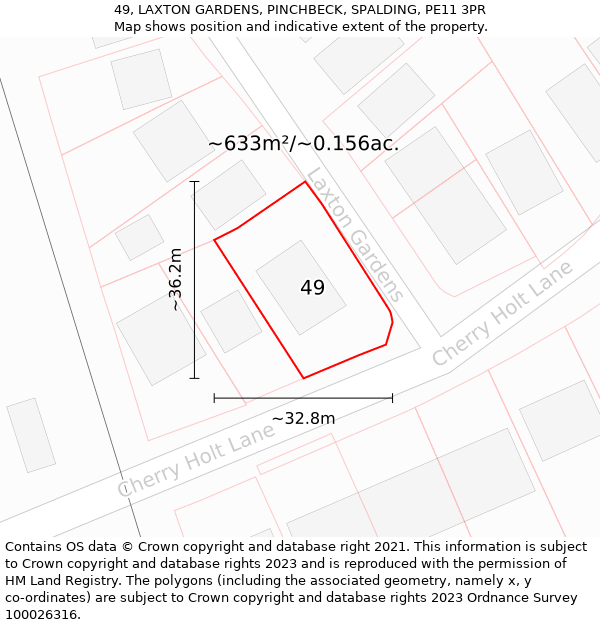 49, LAXTON GARDENS, PINCHBECK, SPALDING, PE11 3PR: Plot and title map