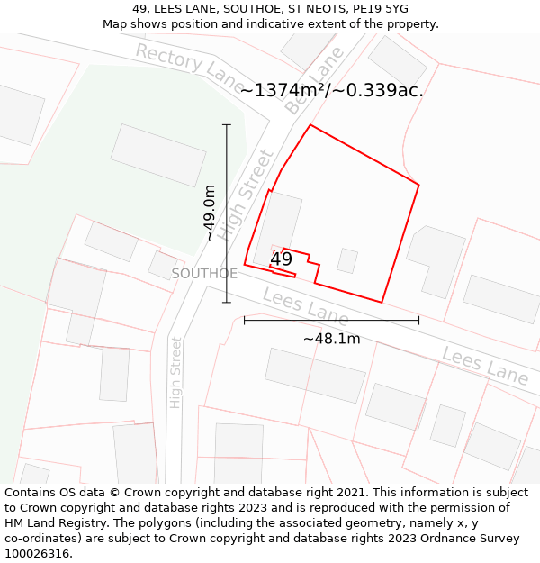 49, LEES LANE, SOUTHOE, ST NEOTS, PE19 5YG: Plot and title map