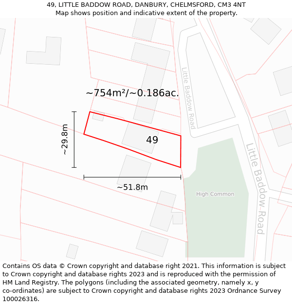 49, LITTLE BADDOW ROAD, DANBURY, CHELMSFORD, CM3 4NT: Plot and title map