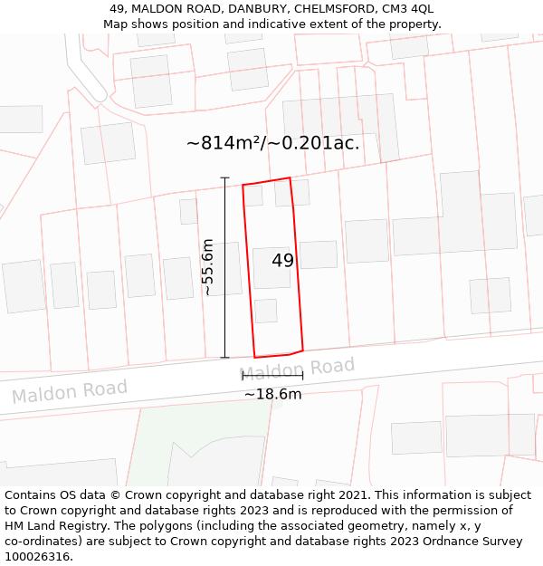 49, MALDON ROAD, DANBURY, CHELMSFORD, CM3 4QL: Plot and title map