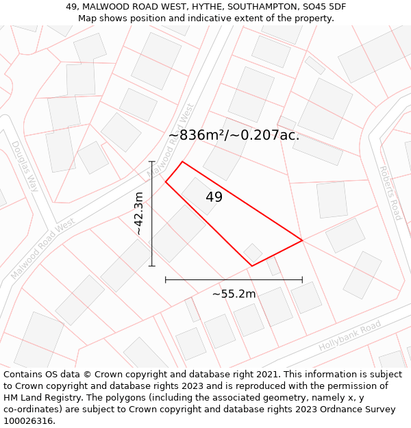 49, MALWOOD ROAD WEST, HYTHE, SOUTHAMPTON, SO45 5DF: Plot and title map