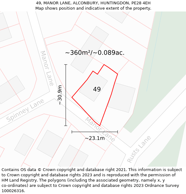 49, MANOR LANE, ALCONBURY, HUNTINGDON, PE28 4EH: Plot and title map