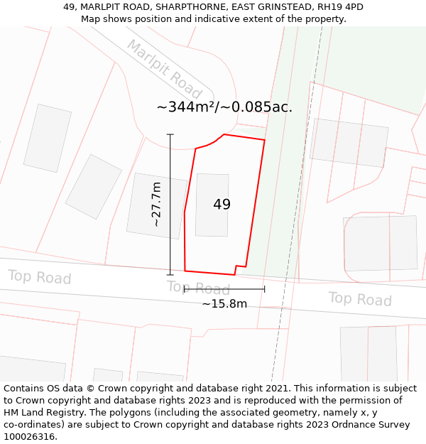 49, MARLPIT ROAD, SHARPTHORNE, EAST GRINSTEAD, RH19 4PD: Plot and title map