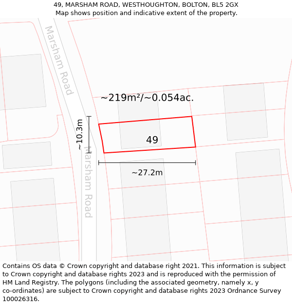 49, MARSHAM ROAD, WESTHOUGHTON, BOLTON, BL5 2GX: Plot and title map