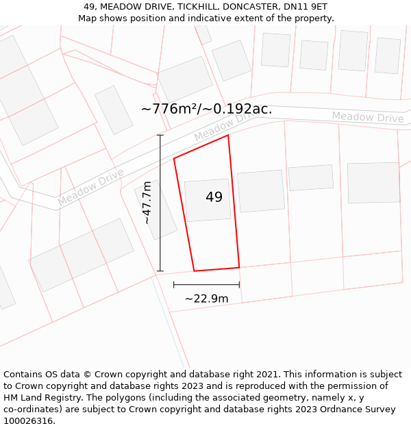 49, MEADOW DRIVE, TICKHILL, DONCASTER, DN11 9ET: Plot and title map