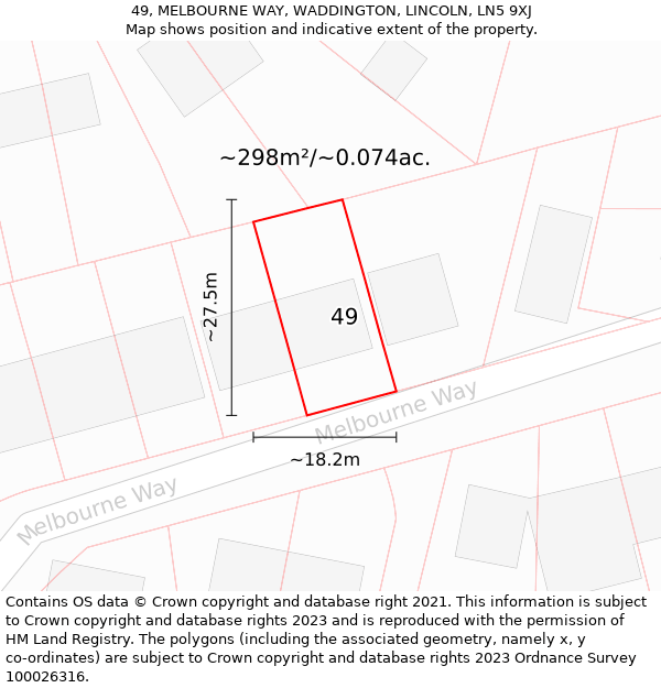 49, MELBOURNE WAY, WADDINGTON, LINCOLN, LN5 9XJ: Plot and title map