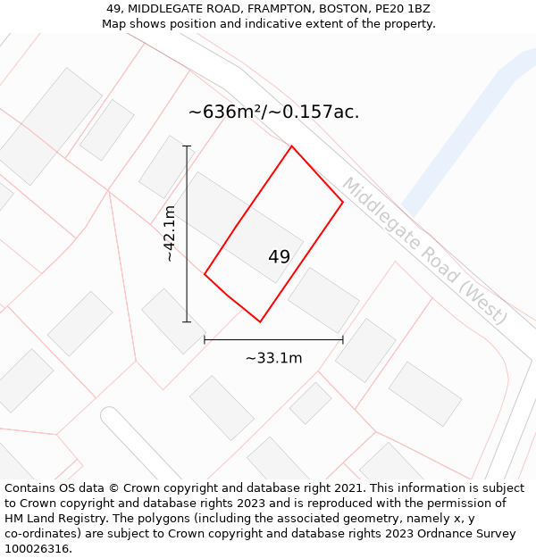 49, MIDDLEGATE ROAD, FRAMPTON, BOSTON, PE20 1BZ: Plot and title map