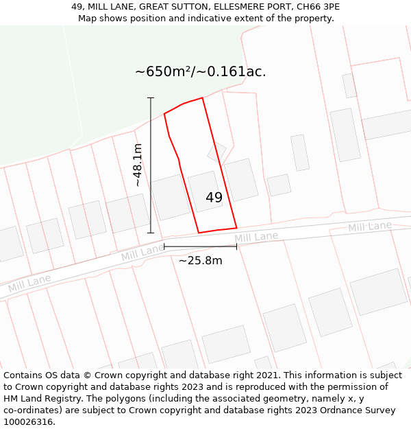 49, MILL LANE, GREAT SUTTON, ELLESMERE PORT, CH66 3PE: Plot and title map