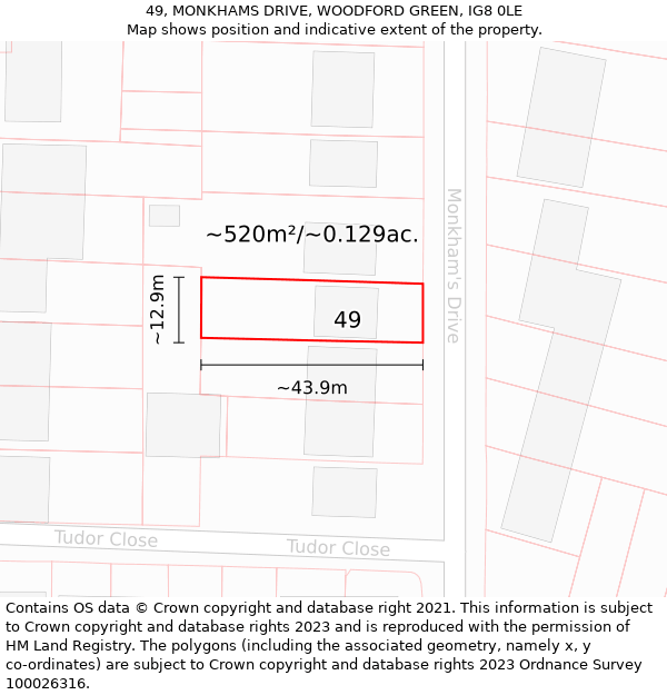 49, MONKHAMS DRIVE, WOODFORD GREEN, IG8 0LE: Plot and title map