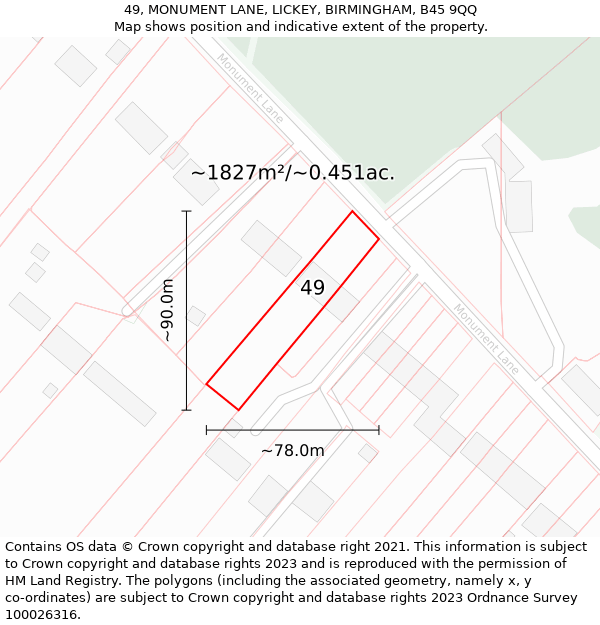 49, MONUMENT LANE, LICKEY, BIRMINGHAM, B45 9QQ: Plot and title map