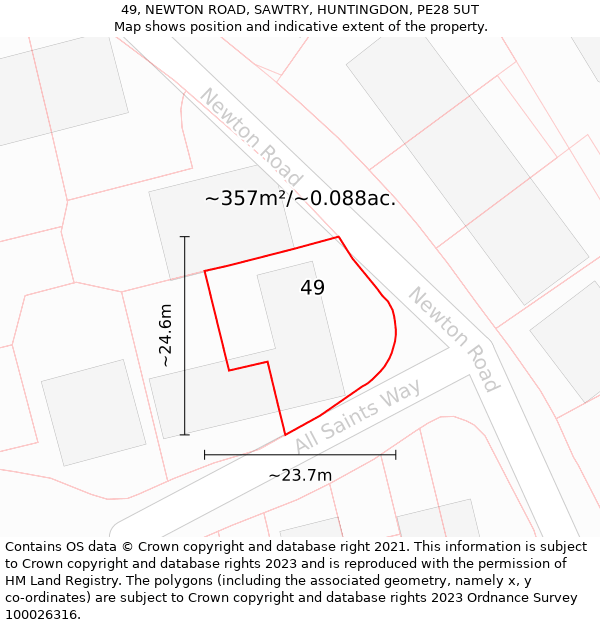 49, NEWTON ROAD, SAWTRY, HUNTINGDON, PE28 5UT: Plot and title map