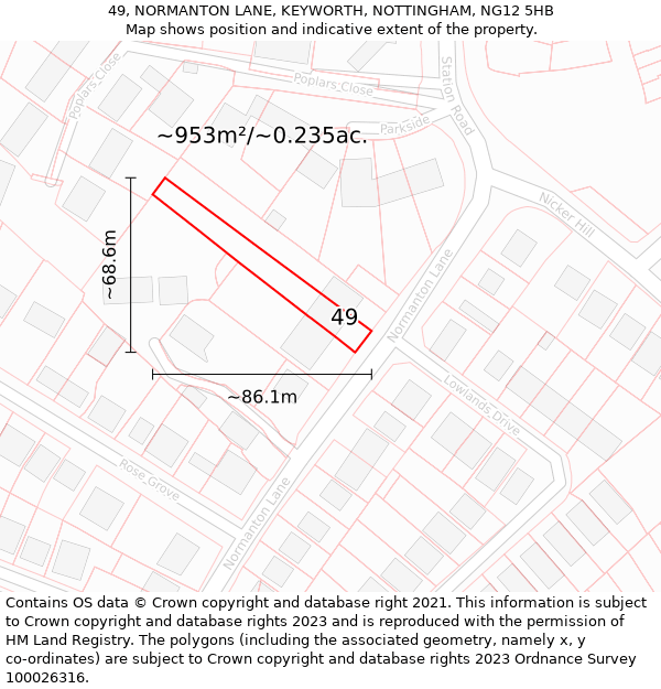 49, NORMANTON LANE, KEYWORTH, NOTTINGHAM, NG12 5HB: Plot and title map