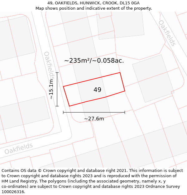 49, OAKFIELDS, HUNWICK, CROOK, DL15 0GA: Plot and title map