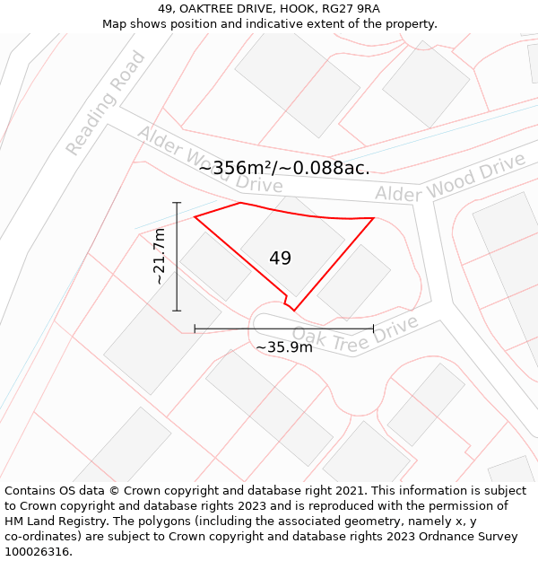 49, OAKTREE DRIVE, HOOK, RG27 9RA: Plot and title map