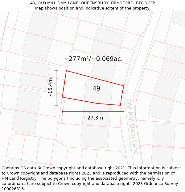 49, OLD MILL DAM LANE, QUEENSBURY, BRADFORD, BD13 2FP: Plot and title map